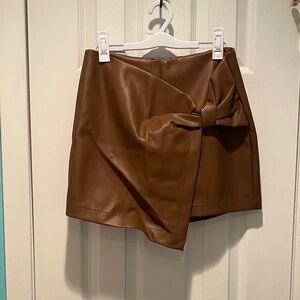 Brown Faux Leather Skort with Bow Detail